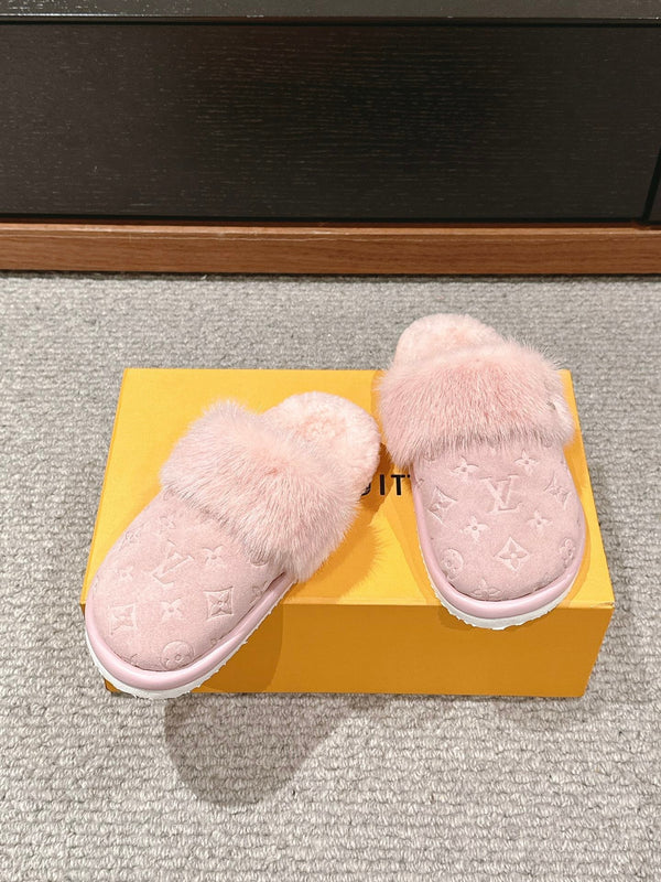 LV Flat Mule Pink With Fur Monogram Suede