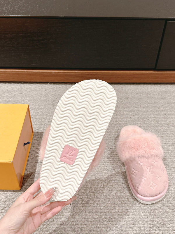 LV Flat Mule Pink With Fur Monogram Suede