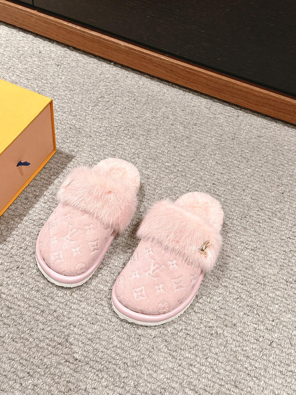 LV Flat Mule Pink With Fur Monogram Suede