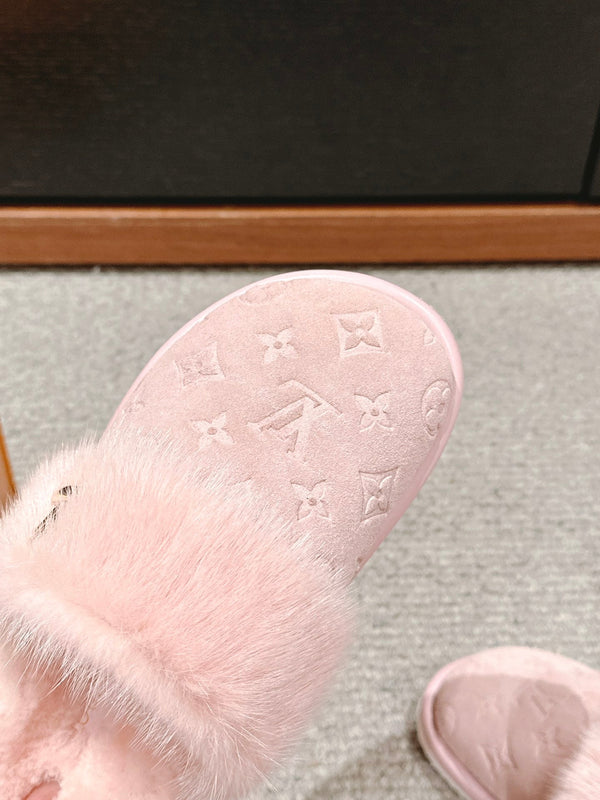 LV Flat Mule Pink With Fur Monogram Suede