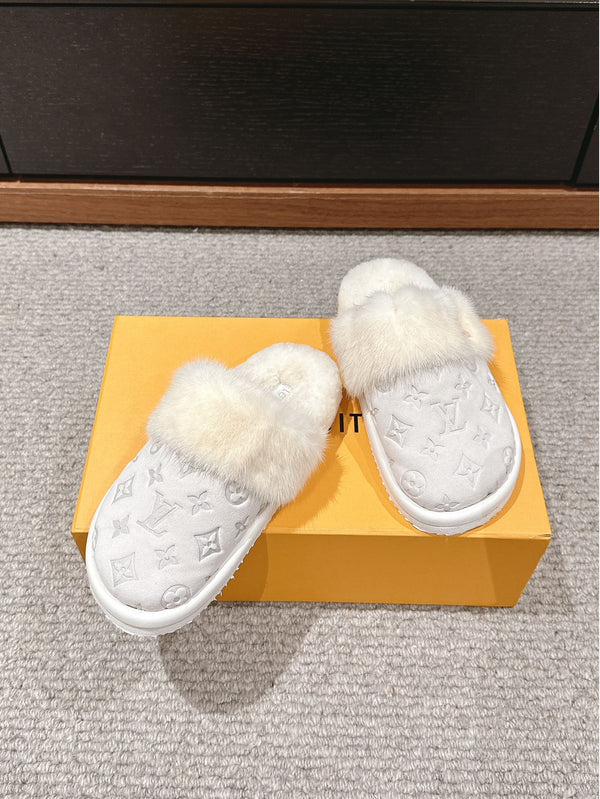 LV Flat Mule White With Fur Monogram Suede