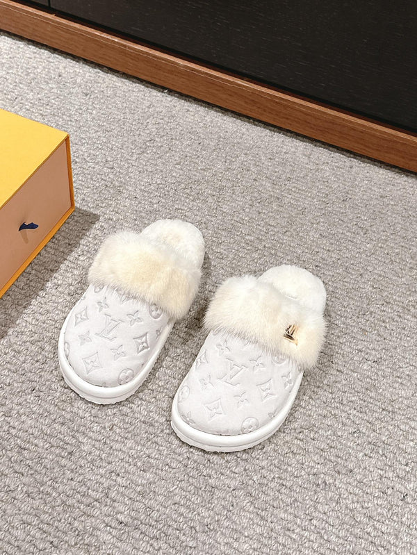 LV Flat Mule White With Fur Monogram Suede