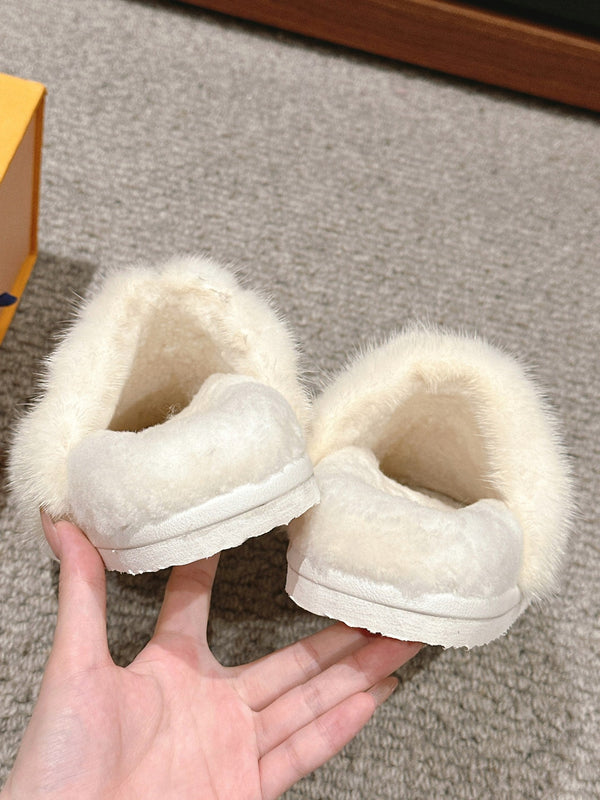 LV Flat Mule White With Fur Monogram Suede