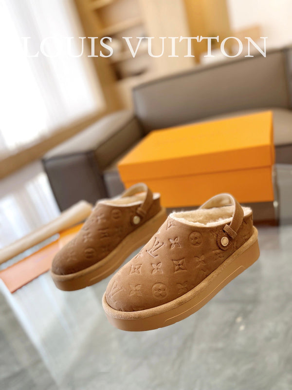 LV Aspen Platform Clog Light Brown Monogram Suede