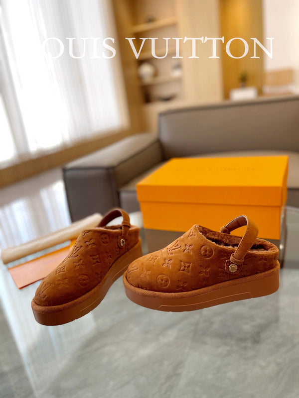 LV Aspen Platform Clog Orange Brown Monogram Suede