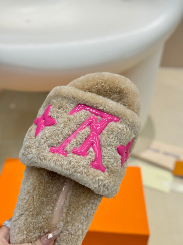 LV Fur Slippers Light Brown With Pink Text Pure Wool