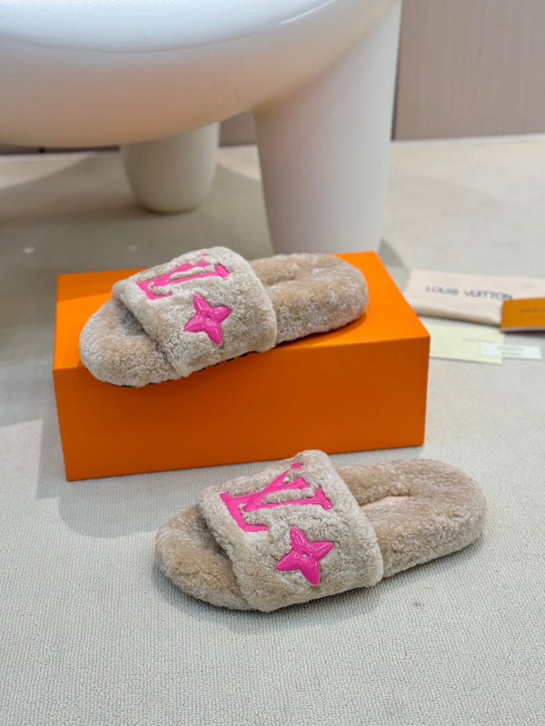 LV Fur Slippers Light Brown With Pink Text Pure Wool