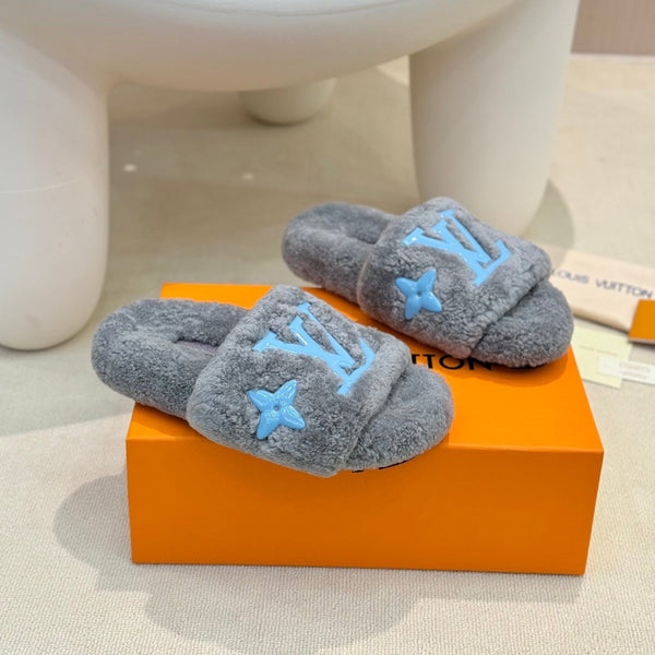 LV Fur Slippers Gray With Blue Text Pure Wool