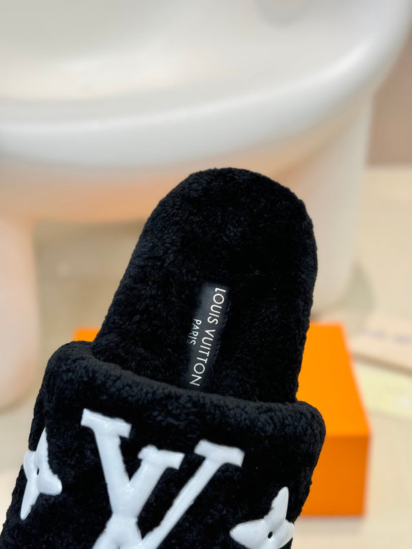 LV Fur Slippers Black With White Text Pure Wool