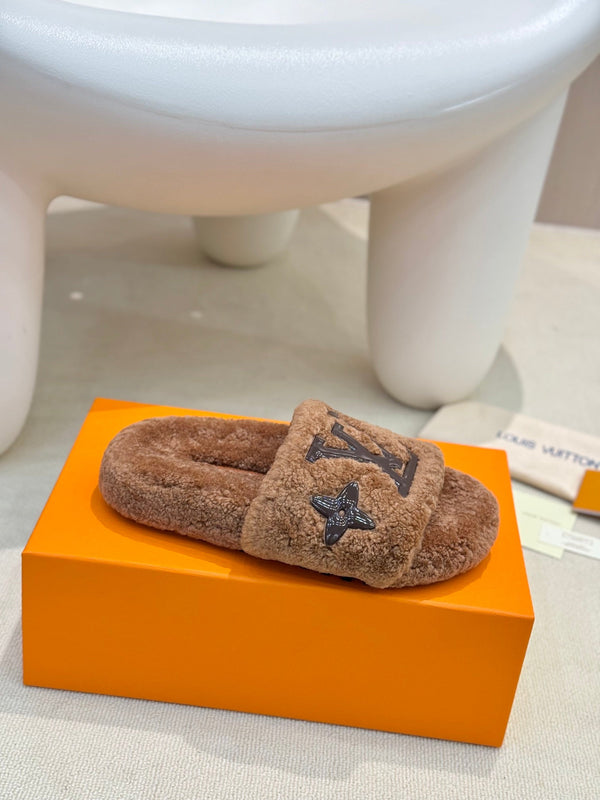 LV Fur Slippers Cocoa Brown With Black Text Pure Wool
