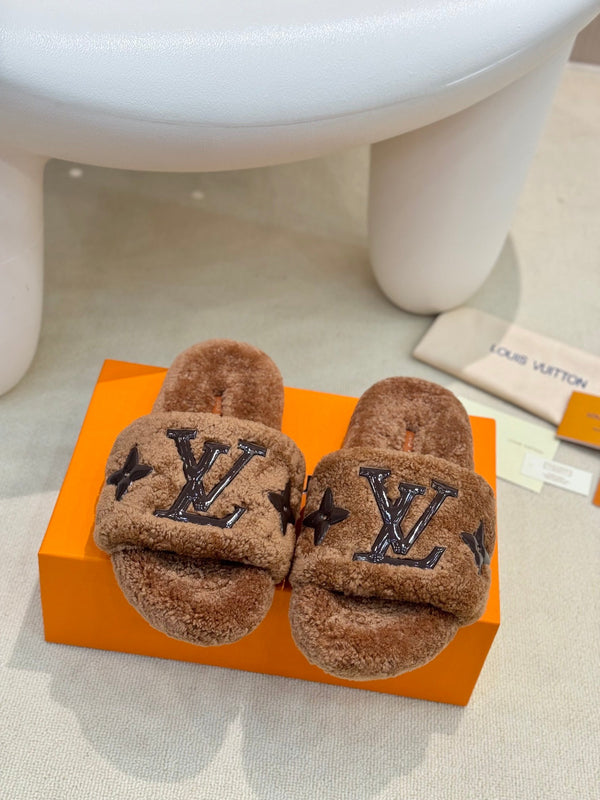LV Fur Slippers Cocoa Brown With Black Text Pure Wool