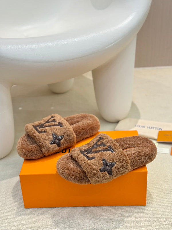 LV Fur Slippers Cocoa Brown With Black Text Pure Wool