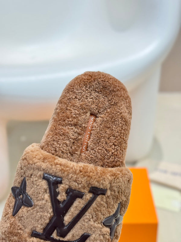 LV Fur Slippers Cocoa Brown With Black Text Pure Wool