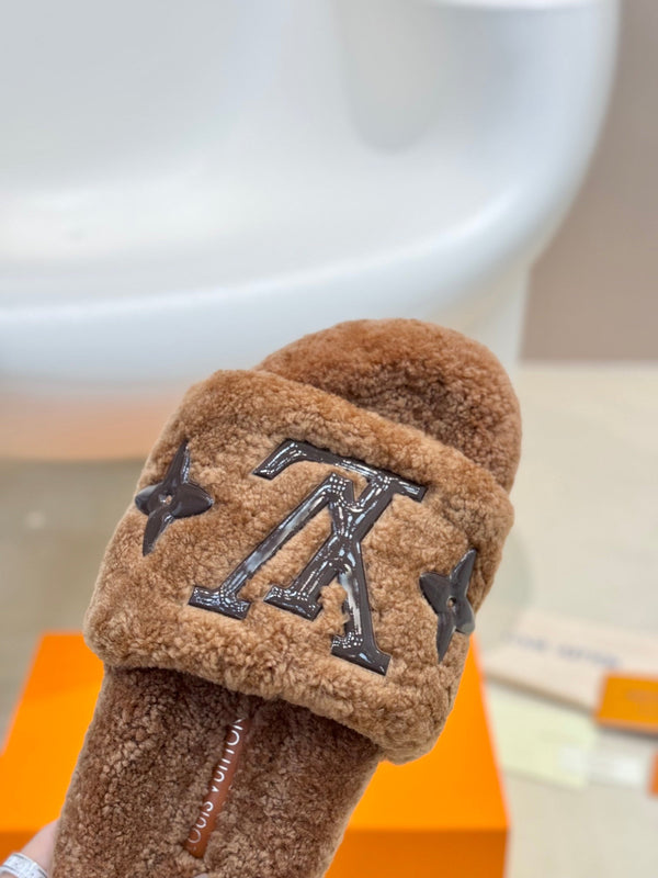 LV Fur Slippers Cocoa Brown With Black Text Pure Wool