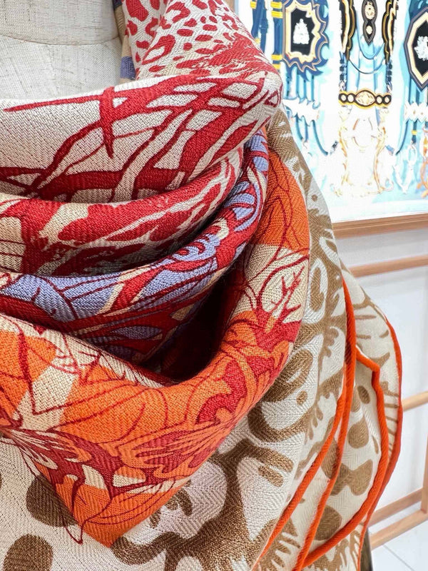 Jungle Love Stamped Scarf 140 CM In Orange Colorful Cashmere And Silk 210985