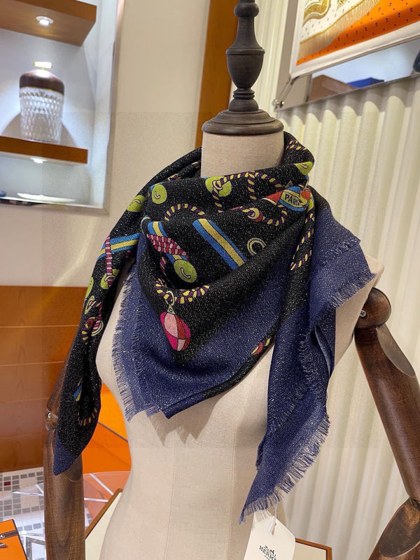 Scarf 200 CM In Black Colorful Cashmere Silk  264152