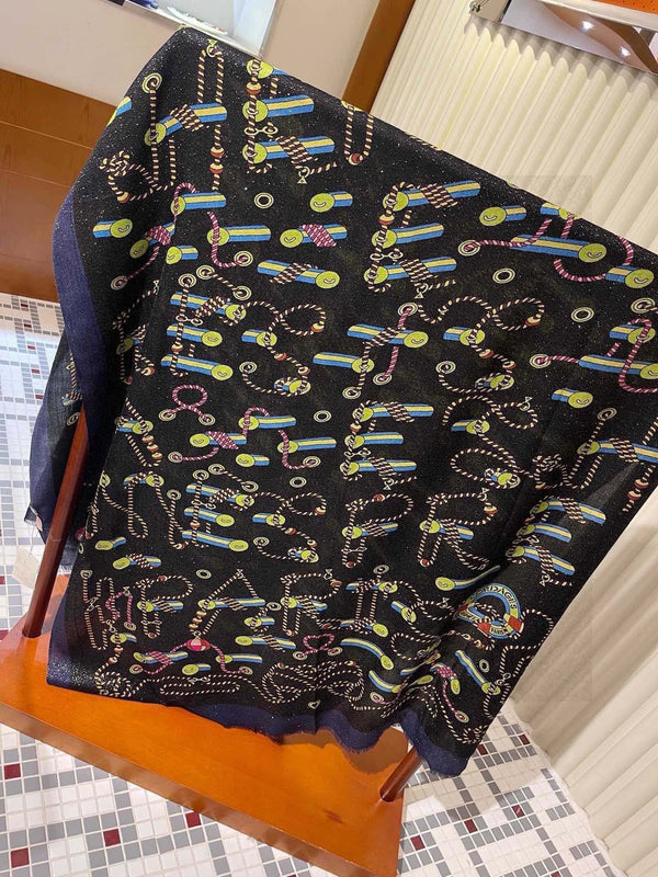 Scarf 200 CM In Black Colorful Cashmere Silk  264152