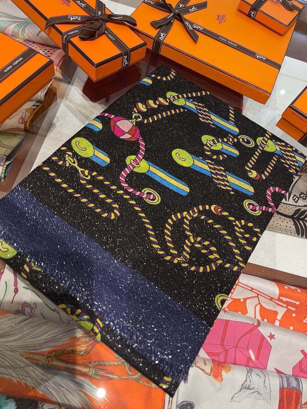 Scarf 200 CM In Black Colorful Cashmere Silk  264152