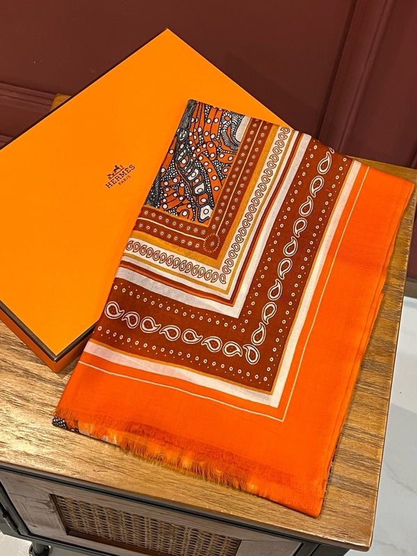 Selle De Dignitaire Bandana Shawl 200 CM In Orange Red Colorful Cashmere 265333