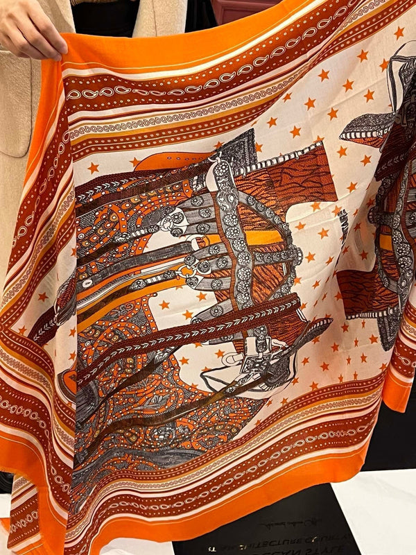 Selle De Dignitaire Bandana Shawl 200 CM In Orange Red Colorful Cashmere 265333