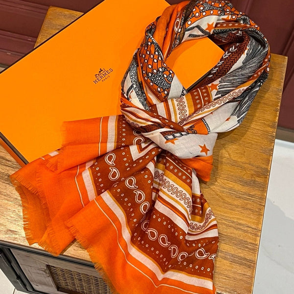 Selle De Dignitaire Bandana Shawl 200 CM In Orange Red Colorful Cashmere 265333