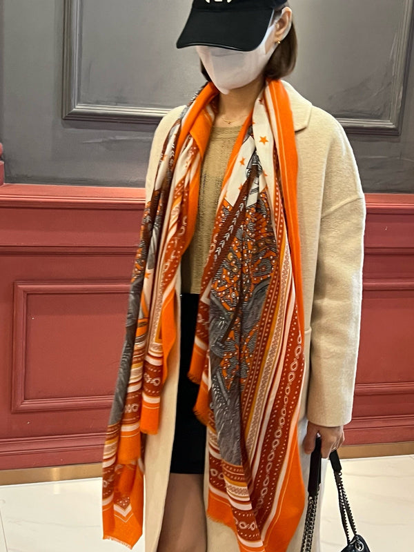 Selle De Dignitaire Bandana Shawl 200 CM In Orange Red Colorful Cashmere 265333