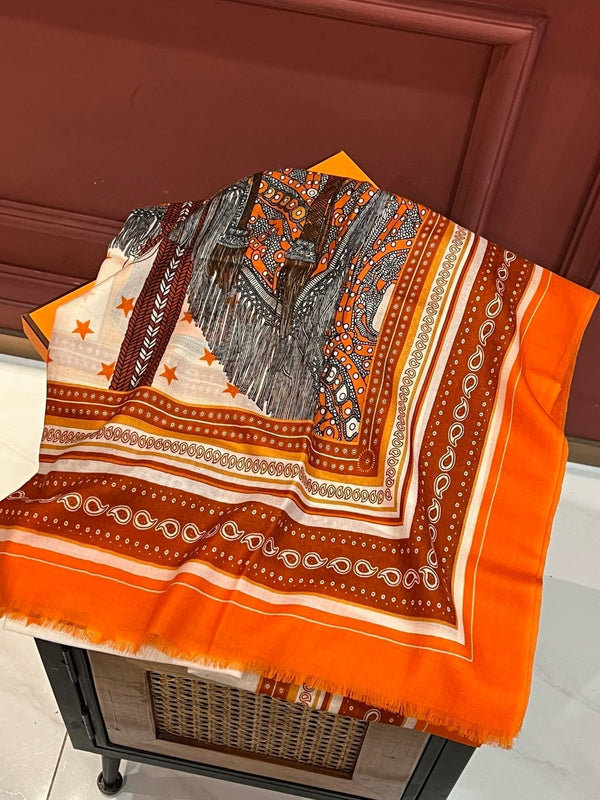 Selle De Dignitaire Bandana Shawl 200 CM In Orange Red Colorful Cashmere 265333