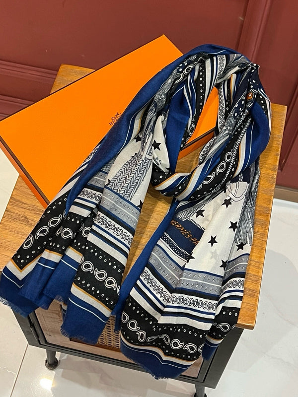 Selle De Dignitaire Bandana Shawl 200 CM In Blue Colorful Cashmere 265334