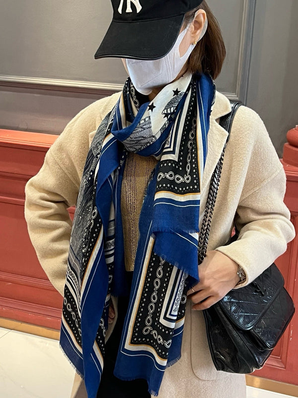 Selle De Dignitaire Bandana Shawl 200 CM In Blue Colorful Cashmere 265334