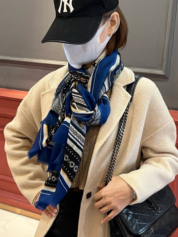 Selle De Dignitaire Bandana Shawl 200 CM In Blue Colorful Cashmere 265334