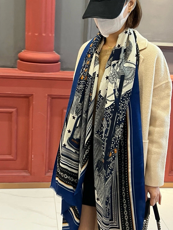 Selle De Dignitaire Bandana Shawl 200 CM In Blue Colorful Cashmere 265334