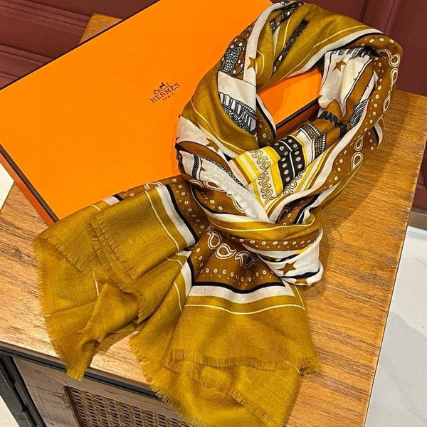 Selle De Dignitaire Bandana Shawl 200 CM In Yellow Brown Colorful Cashmere 265335