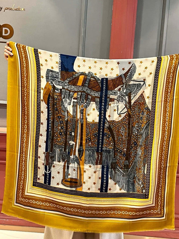 Selle De Dignitaire Bandana Shawl 200 CM In Yellow Brown Colorful Cashmere 265335