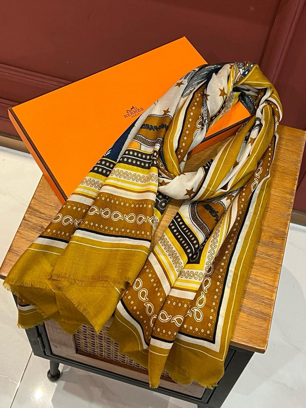 Selle De Dignitaire Bandana Shawl 200 CM In Yellow Brown Colorful Cashmere 265335