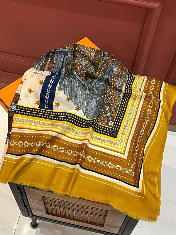 Selle De Dignitaire Bandana Shawl 200 CM In Yellow Brown Colorful Cashmere 265335