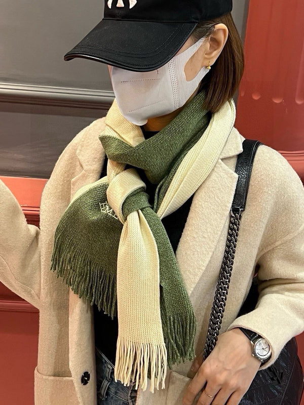 HIGH-END SCARF 180 IN MOSS GREEN MIX BEIGE CASHMERE
