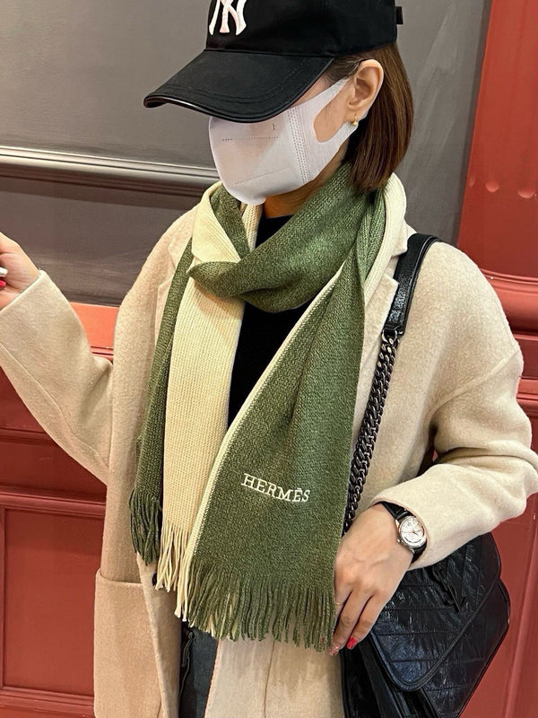 HIGH-END SCARF 180 IN MOSS GREEN MIX BEIGE CASHMERE