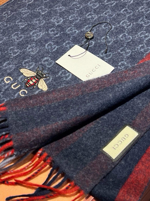 SCIARPA 180 CM IN CASHMERE BLU NAVY CON MOTIVO API 396476