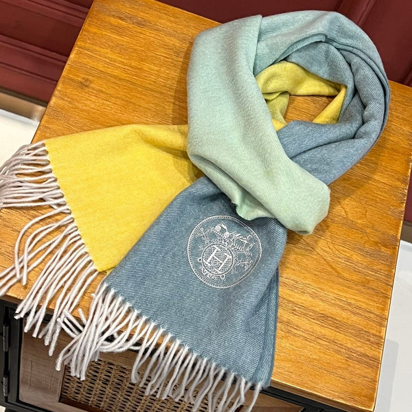 Scarf 190 CM In Blue Yellow Mix Jade Green Cashmere
