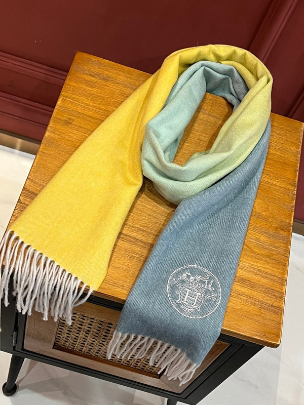 Scarf 190 CM In Blue Yellow Mix Jade Green Cashmere