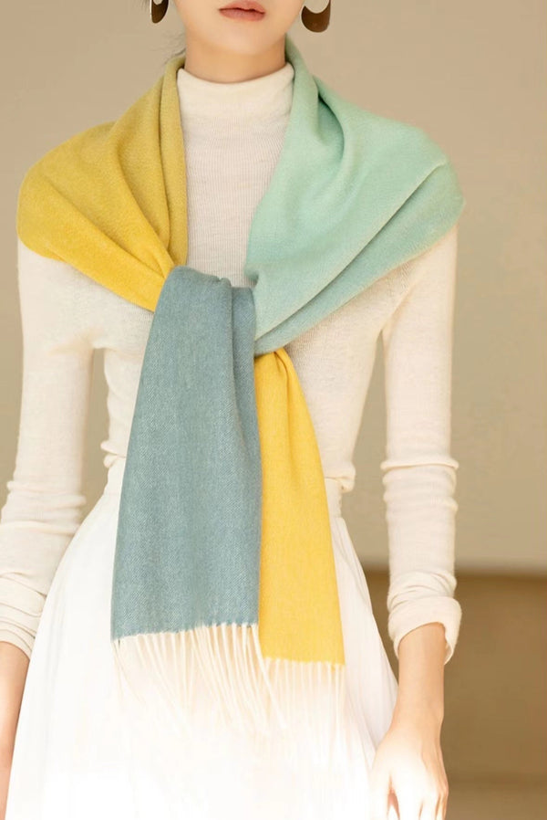 Scarf 190 CM In Blue Yellow Mix Jade Green Cashmere