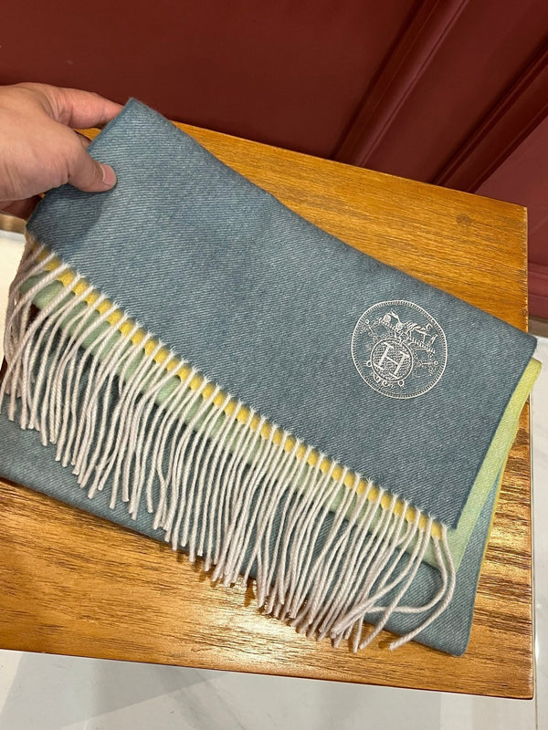 Scarf 190 CM In Blue Yellow Mix Jade Green Cashmere