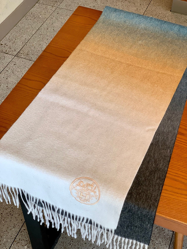 Scarf 190 CM In White Beige Mix Black Blue Cashmere