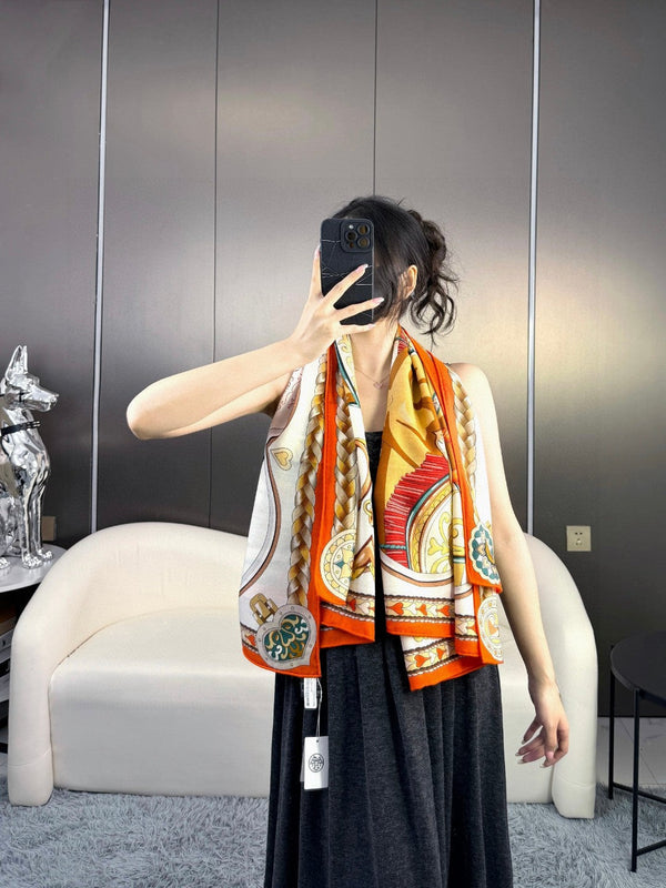 Harnais De Coeur Scarf 135 CM In Orange Colorful Cashmere And Silk 381092