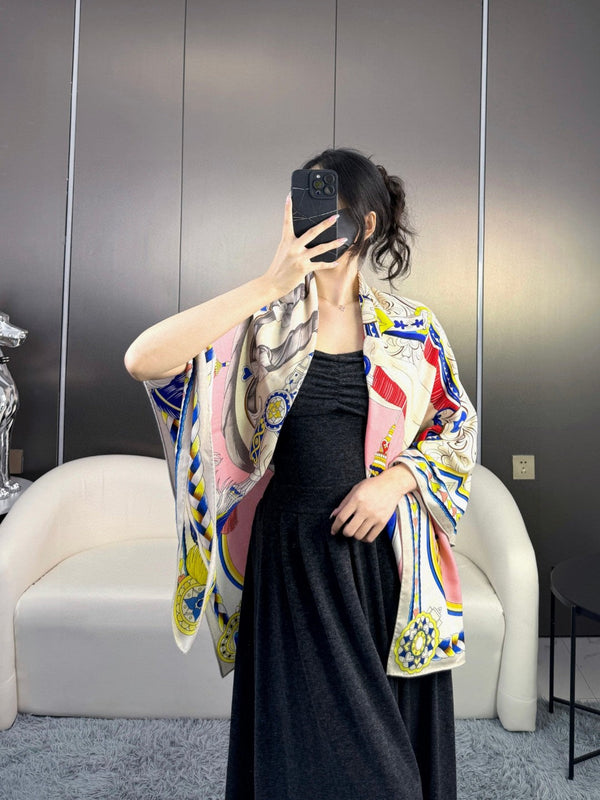 Harnais De Coeur Scarf 135 CM In Pink Colorful Cashmere And Silk 381093