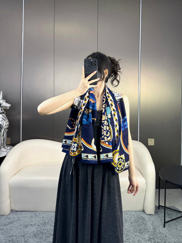 Harnais De Coeur Scarf  135 CM In Black Colorful Cashmere And Silk 381095