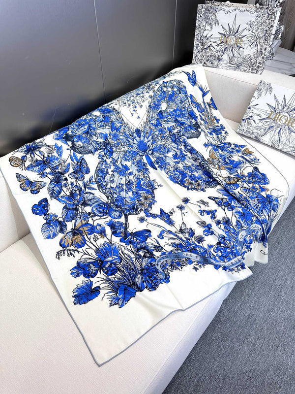 SCIARPA QUADRATA 140 CM IN MISTO BIANCO CASHMERE E SETA BLU COBALTO 390940