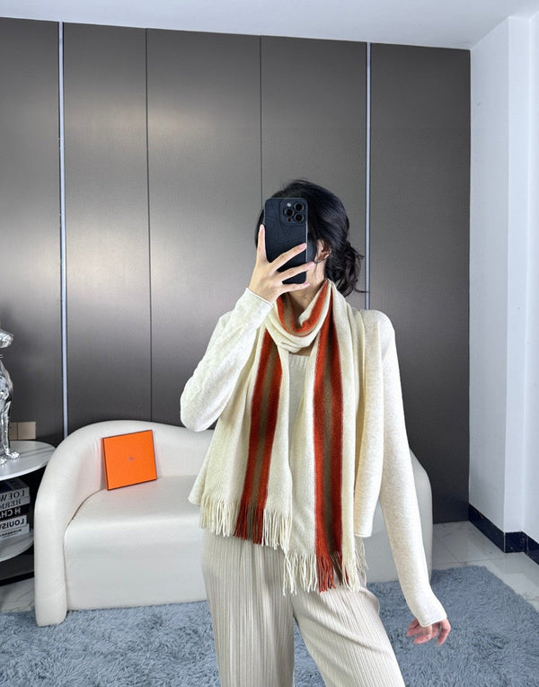 Scarf 180 CM In White Mix Red Khaki Green Cashmere  401086