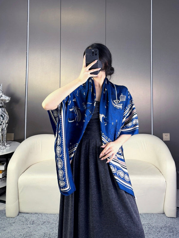 Tatouages Marins Bandana Shawl 135 CM Dark Blue Mix White Red Cashmere And Silk 401090