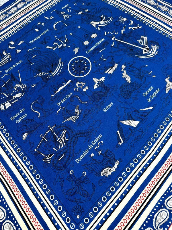 Tatouages Marins Bandana Shawl 135 CM Dark Blue Mix White Red Cashmere And Silk 401090